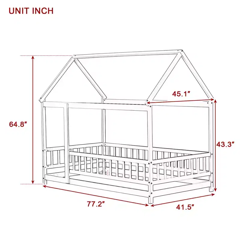 Bellemave Twin House Floor Bed with Safety Guardrails,Rubber Wood House Floor Bed Frame with Montessori and Childlike Design,Gray