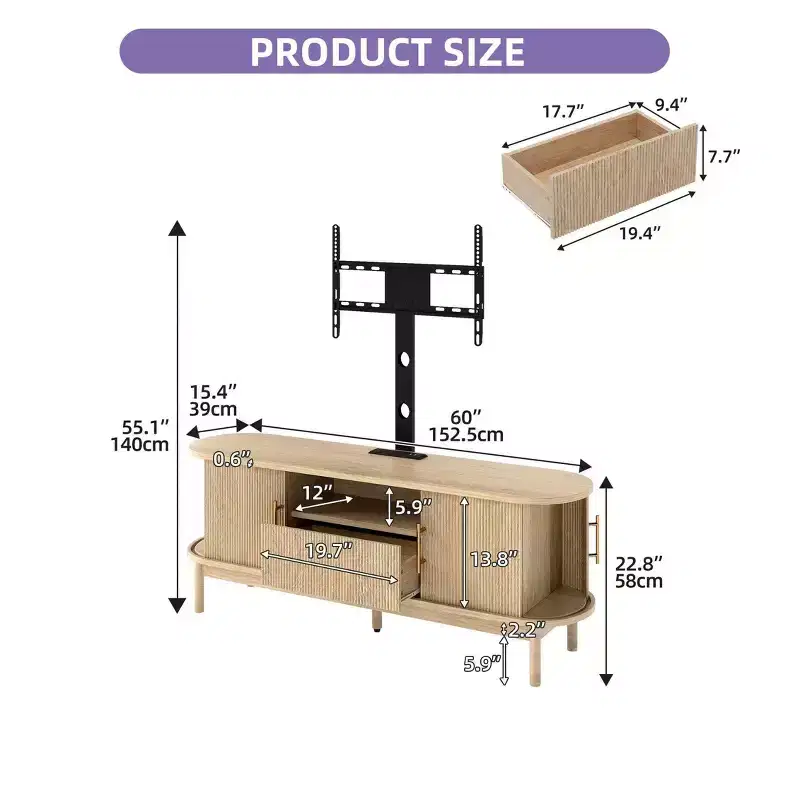 Fluted TV Stand with Mount for 32-70 inch TVs, Height Adjustable Fluted Entertainment Center with PowerOutlets & LED Light for Living Room