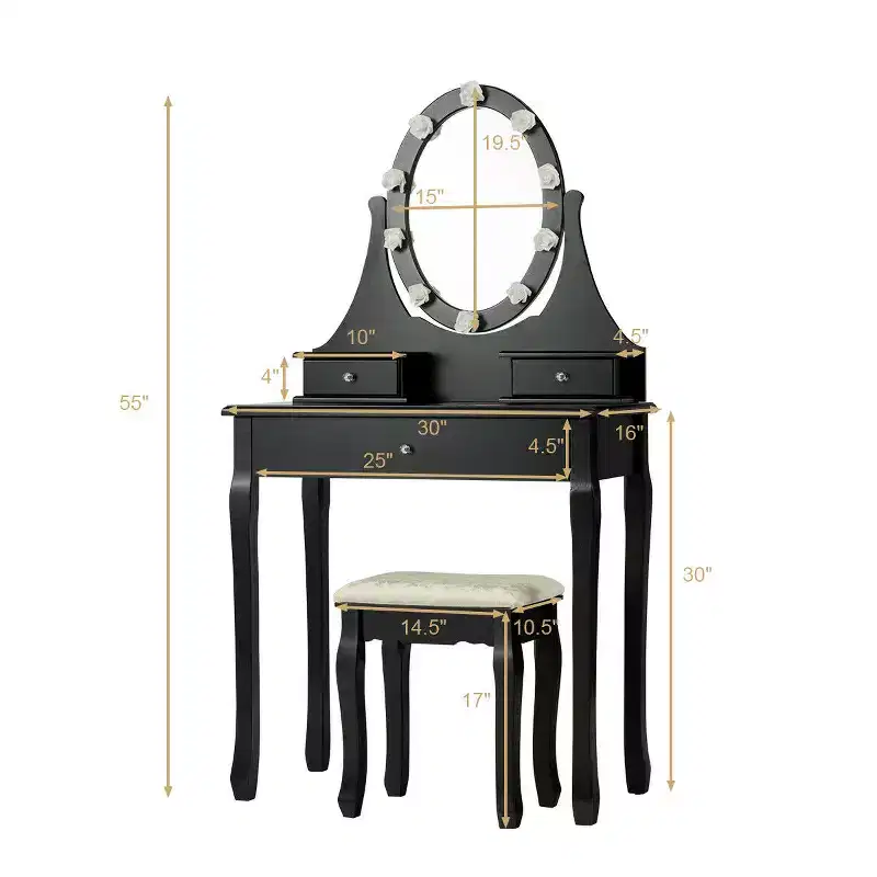Black Vanity Dressing Table Set with LED Lights & Mirror, 3 Drawers, 1-Person