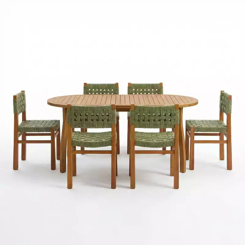 Christopher Knight Home Synci Modern 7 Piece Patio Acacia Dining Set with Slatted Table and Wicker Design