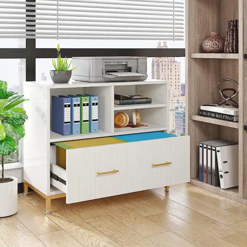 White & Gold Lateral File Cabinet with Drawer and Open Storage Shelves