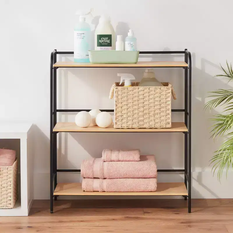 Folding 3 Shelf Black Metal with Natural Wood Shelves - Brightroom