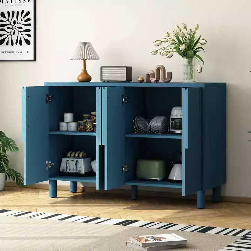 TUYOHW 4-Door Sideboard Cabinet,Wood Buffet Table with Arc Handles,Adjustable Shelves,Cable Management,Console Cabinet for Dining Room,Kitchen,Navy