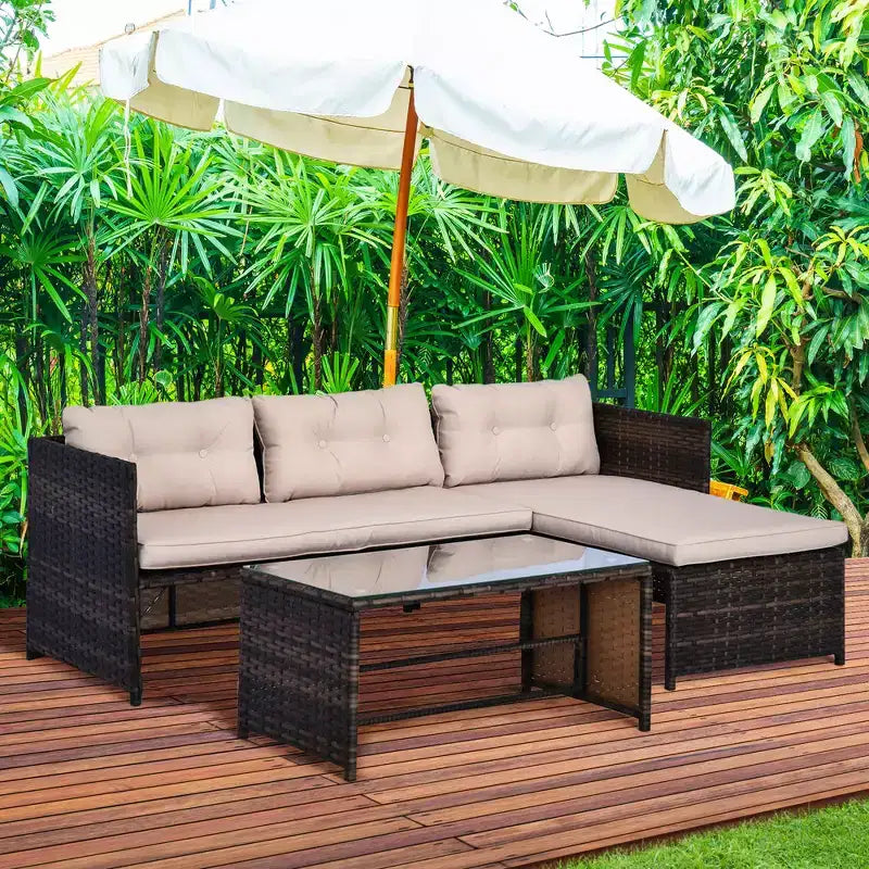 3 Piece Patio Furniture Set, Rattan Outdoor Sofa Set with Chaise Lounge & Loveseat, Soft Cushions, Tempered Glass Table, L-Shaped Sectional Couch
