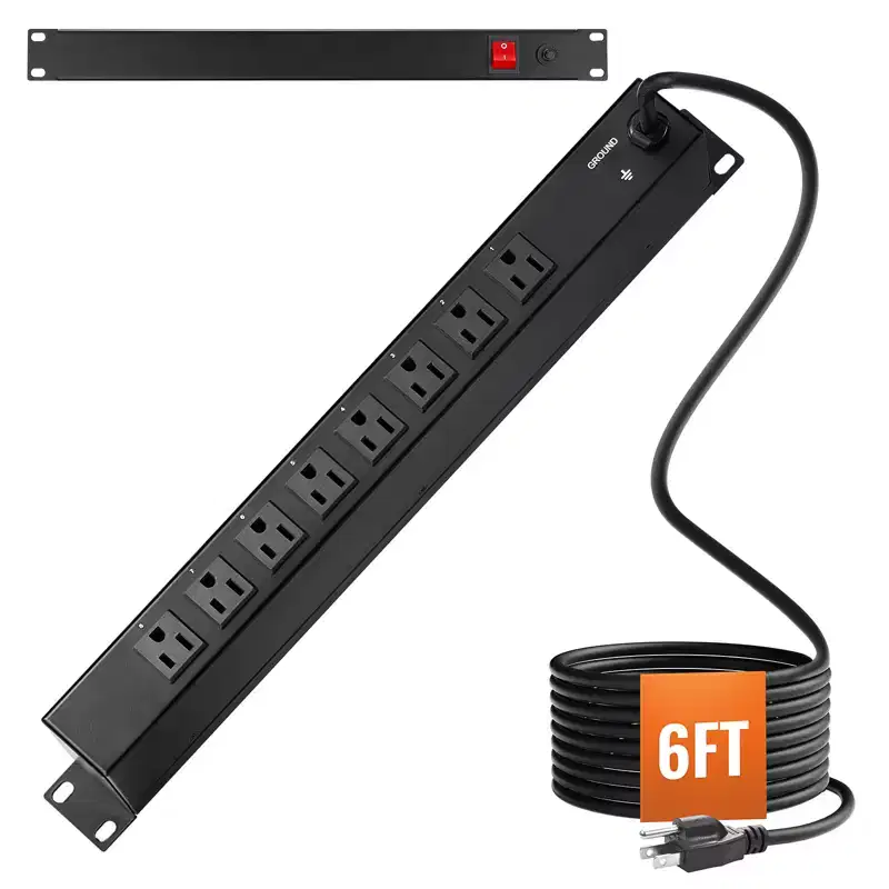 VEVOR 1U PDU, 8 Outlets, Rack Mount Power Strip Fits Standard 19 Server Racks, with Integrated Switch Surge Protection & Overload Protection, Black