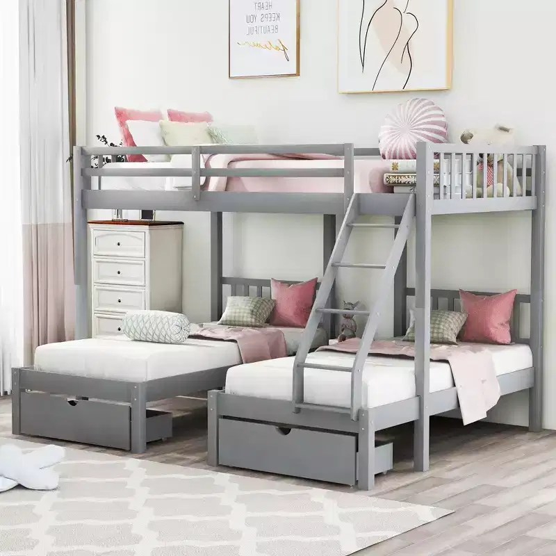 Full Over Twin & Twin Bunk Bed for 3, Wooden Triple Bunk Bed with 2 Storage Drawers, can be Divided into 3 Separate Beds