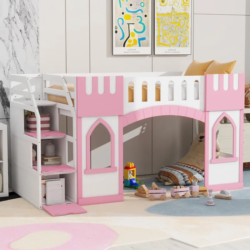 Pink Twin Size Solid Wood Loft Bed with Storage Staircase and Window for Kids