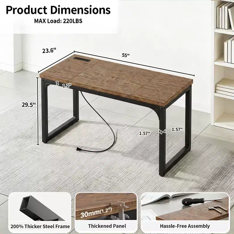 Dyonery Rustic Computer Desk with Power Outlet,1.2 Inch Extra-Thick Desktop,Deeper Office Desk with Robust Metal Tube,Gaming Writing Work Desk