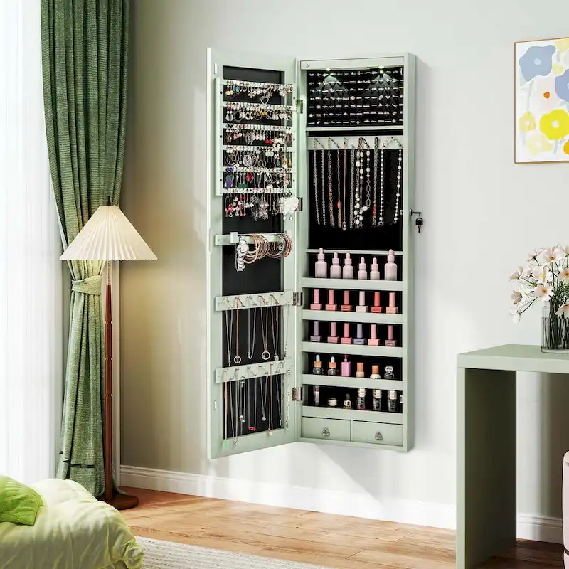 Mirrored Wall & Door Mounted Jewelry Cabinet �C White / Brown / Green / Pink / Black