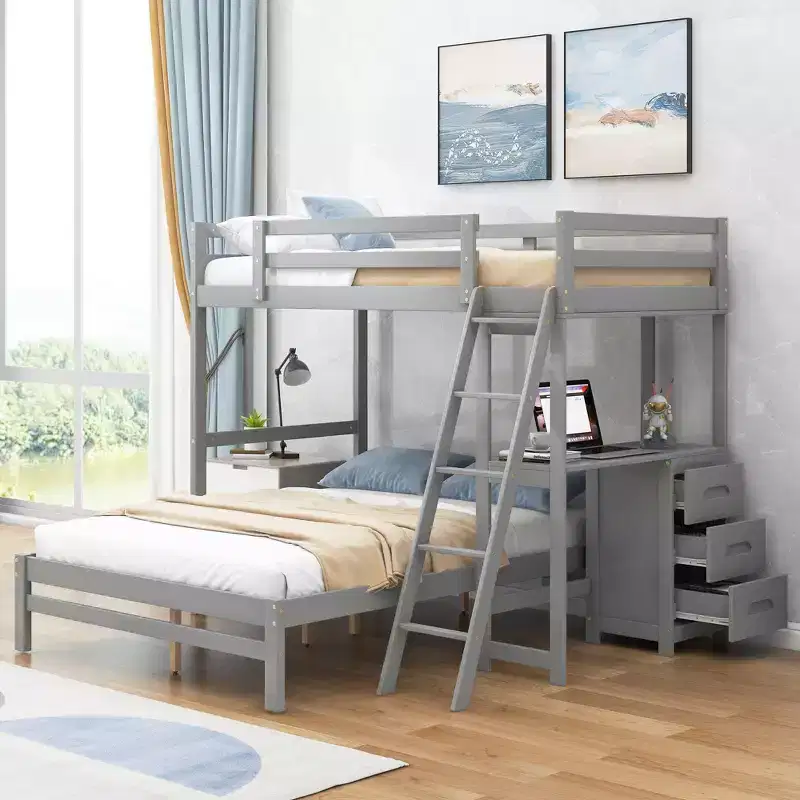 Whisen Morden Design Twin over Full Bunk Bed with Built-in Desk and Three Drawers, Large Storage Space