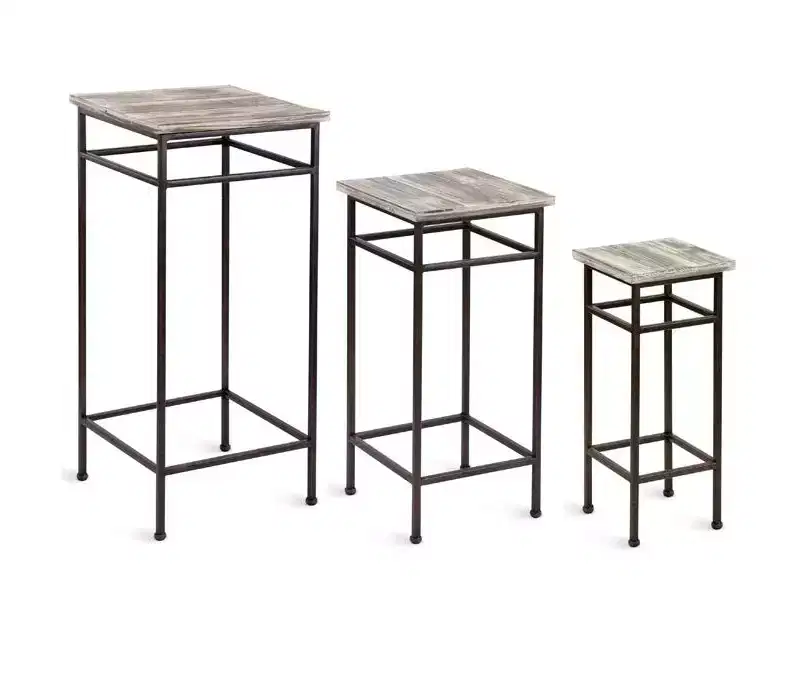 NAPCO Woodgrain Square Top Brown Woven and Metal Plant Stand Display Table Set of 3