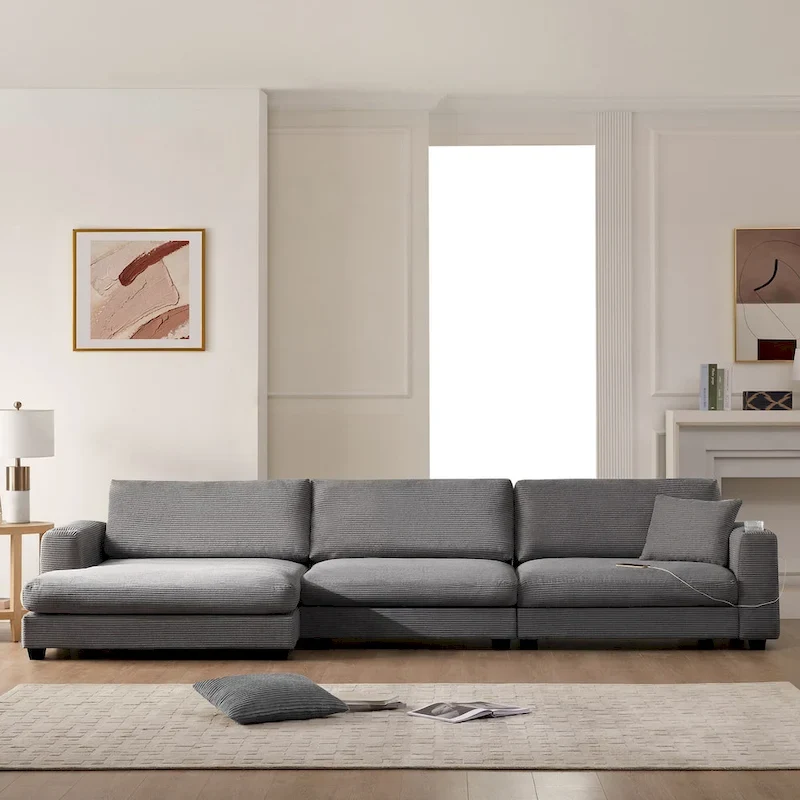 L Shaped Cloud Couch Corduroy Sectional Sofa w/USB, Chaise, Cup Holder
