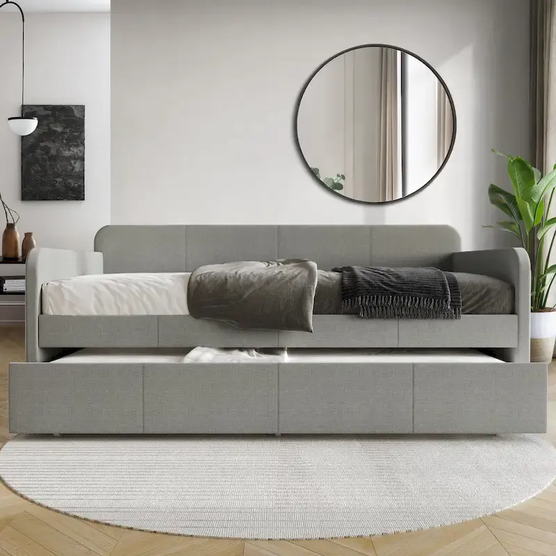 Upholstered Linen Daybed with Roll-Out Trundle