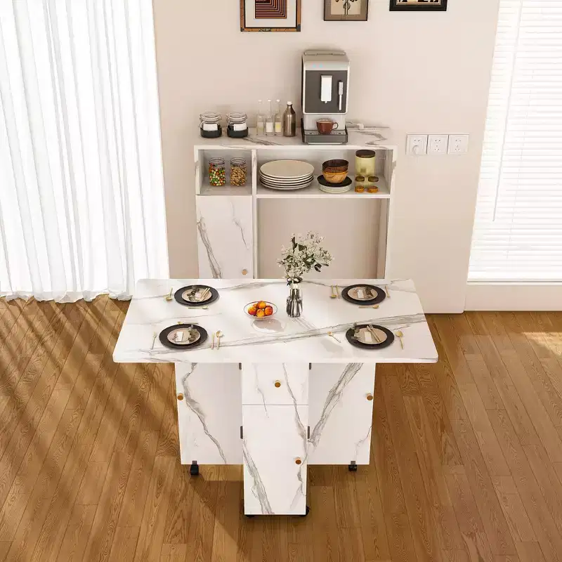 Folding Dining Table with Storage Cabinet and Power Outlets for Compact Apartments, White