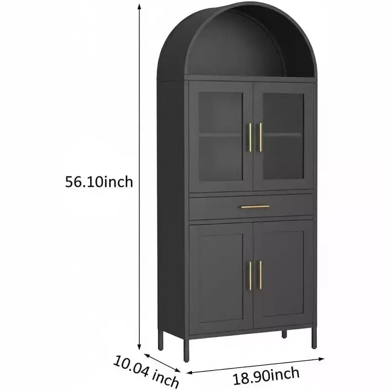 73 Tall Black Metal Arched Cabinet, Modern 5-Tier Bookshelf with Adjustable Shelves, Versatile Storage for Kitchen Pantry or Display