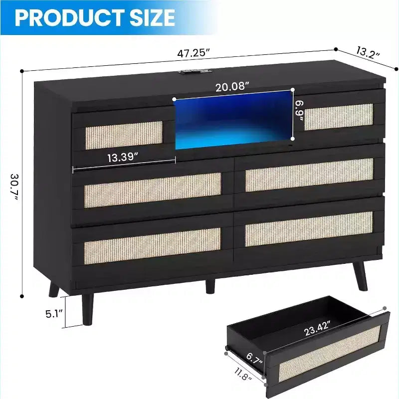 Modern Rattan Dresser with LED Lighting and Charging Station, 6-Drawer Chest