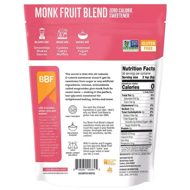 BetterBody Foods Monk Fruit Blend - 16oz: SQF Certified, Granulated, Gluten-Free, Non-GMO