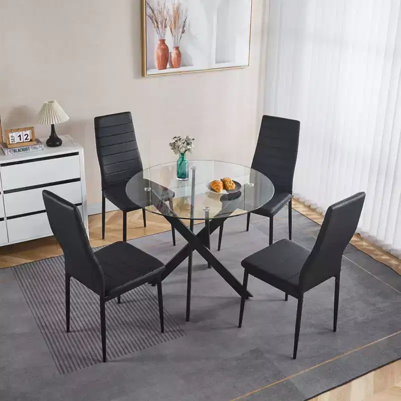 Black Dining Table with Cross Metal Leg and Tempered Glass Top, Modern Space-Saving Design for Kitchen or Living Room
