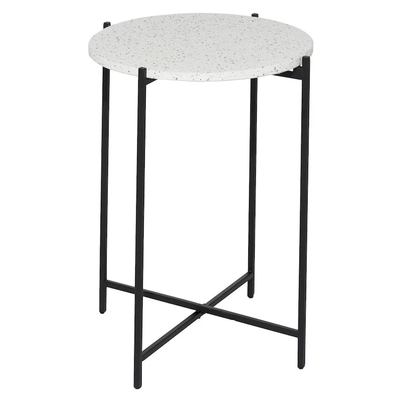 Terrazzo Stone Side End Accent Table with Black Metal X-Stand - White - Roche River Decor