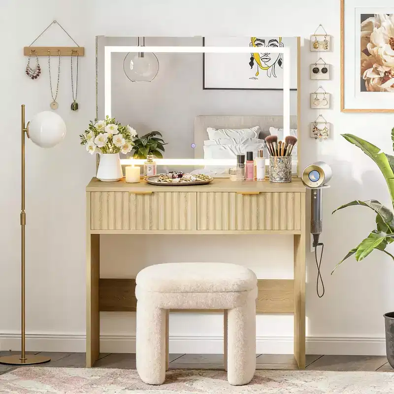 Fluted Vanity Desk with Large Mirror, 2 Drawers, 3 Lighting Modes Adjustable Brightness and Lights for Bedroom