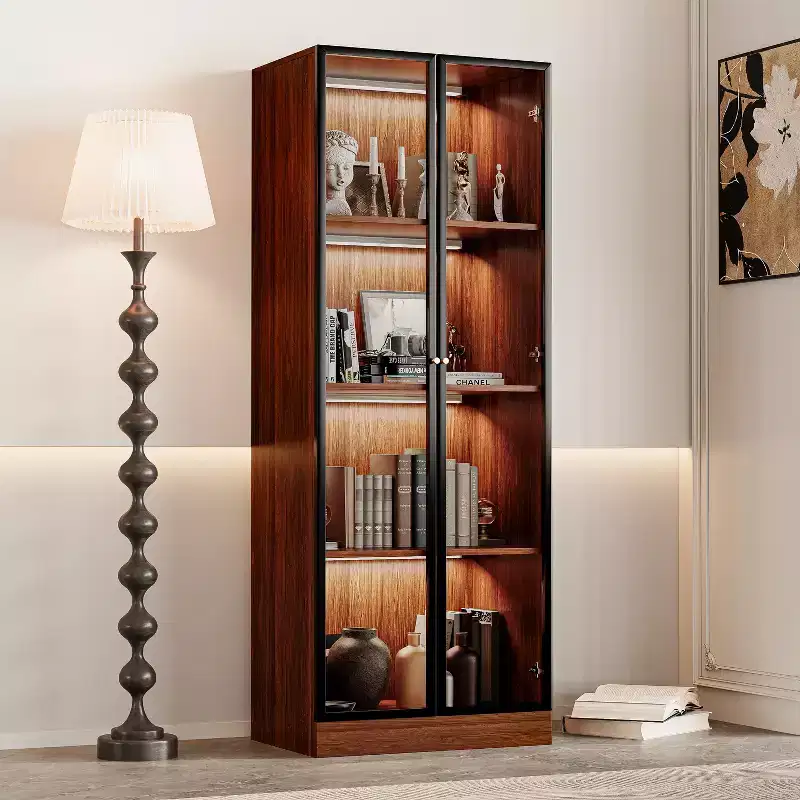 23.6" Brown Glass Display China Cabinet with LED - Mid Century Modern 4-Tier Dining Shelf
