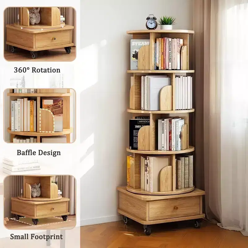 Rotating Bookshelf 5-Tier, 360 Round Spinning, Double-Layer Base, Space-Saving Tower for Bedroom, Living Room, Study