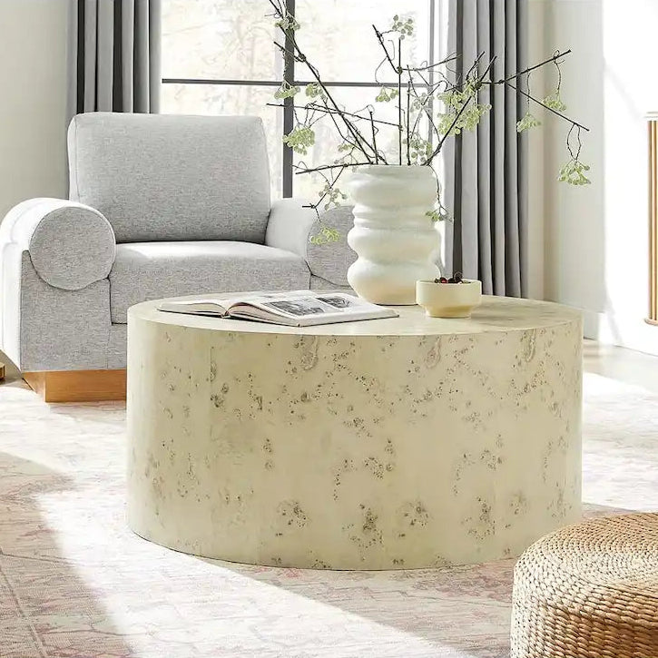 Round Burl Wood Coffee Table – Natural / Off White, Mid-Century Style