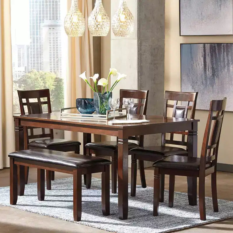 Signature Design by Ashley Bennox Dining Table Set Brown: 6-Piece Modern Rectangular Non-Extension Set with Bench & Upholstered Chairs