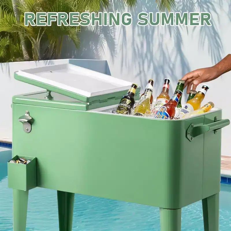 NAYSAYE 80 Quart Rolling Ice Chest Portable Bar Drink Cooler with Catch Basin, Bottom Storage Tray for Patio Party BBQ Beach, Green, 34.3*15.2*35.8