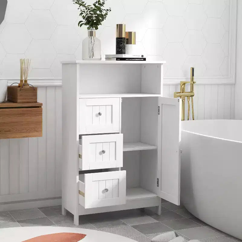 Bathroom Freestanding Storage Cabinet with 3 Drawers and 1 Door, White