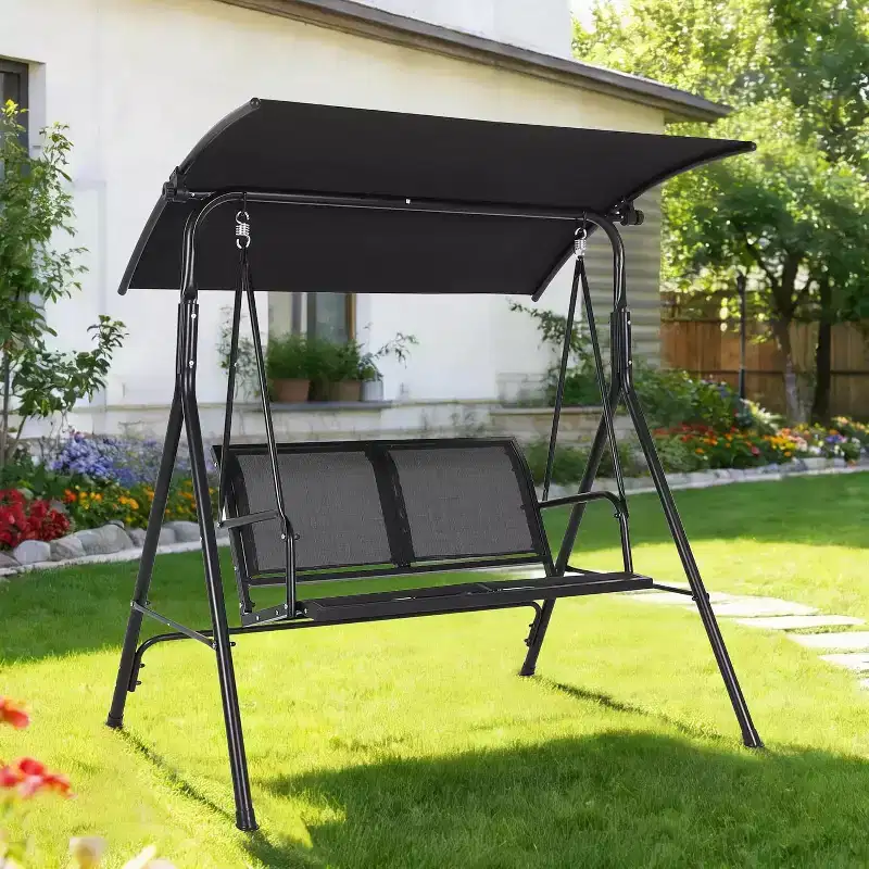 2-Seat Outdoor Porch Swing Chair with Adjustable Canopy, Glider Bench with Non-Slip Feet & Strong Spring Hooks/UV Resistant/Waterproof Capacity
