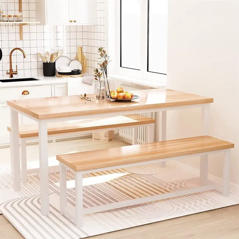 Charming Simple Style Dining Table Set with a Table and two Benches, with Foot Pad, for Kitchen, Dining Room