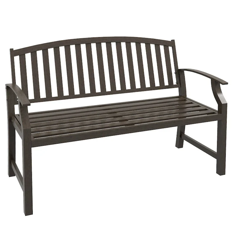 46 Outdoor Garden Bench, Metal Bench, Wood Look Slatted Frame