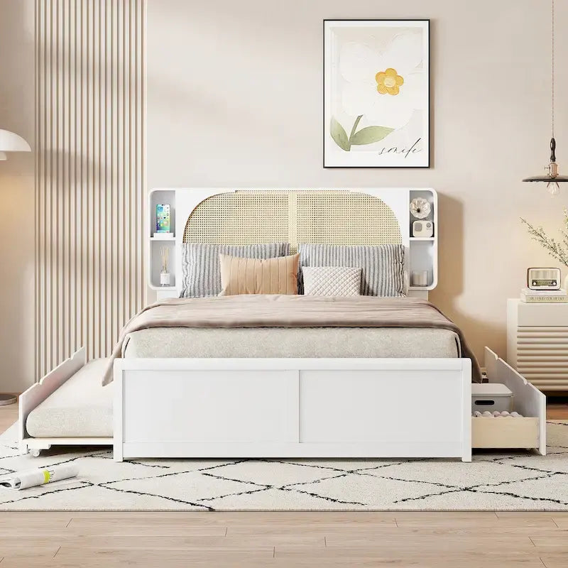 Queen Platform Bed – White, Rattan Headboard, 2 Drawers & Trundle, 4 Headboard Compartments, Sleeps 1