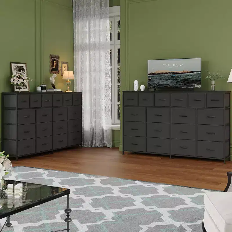 Dresser with 18 Fabric Drawers Dresser,63''W Fabric Dresser with Charging Station, Lager Sturdy Bedroom Dressers,Wood Top , Steel Frame