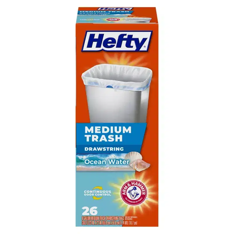 Hefty Ocean Water Trash Bag - Medium - 26ct: Odor Control, Drawstring Seal, Sized to Fit Specific Trash Cans