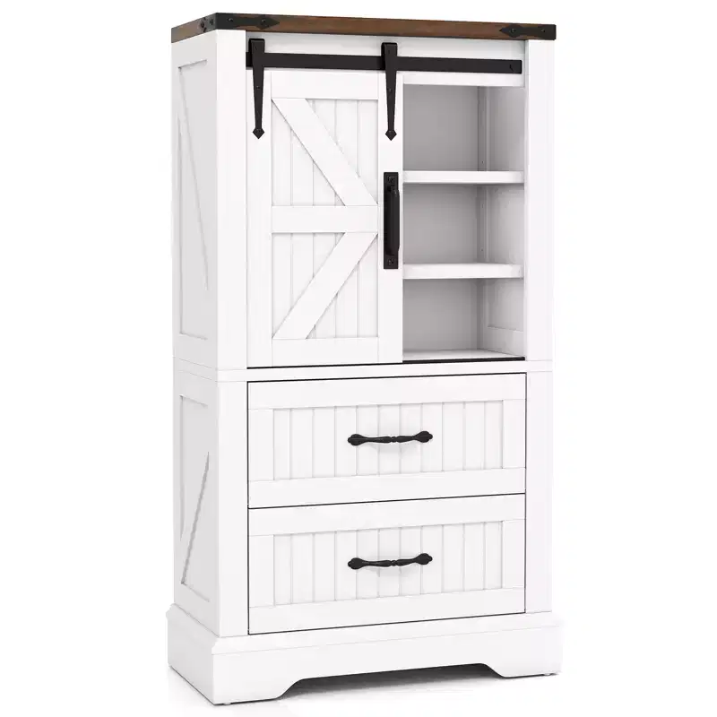 Costway Farmhouse Bathroom Floor Cabinet w/Sliding Door Adjustable Shelves & 2 Drawers