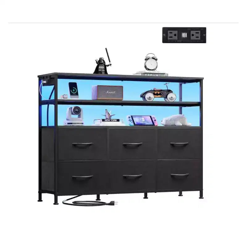 39-Inch TV Stand for 45-Inch TVs, RGB LED Charging Station 6 Fabric Drawers