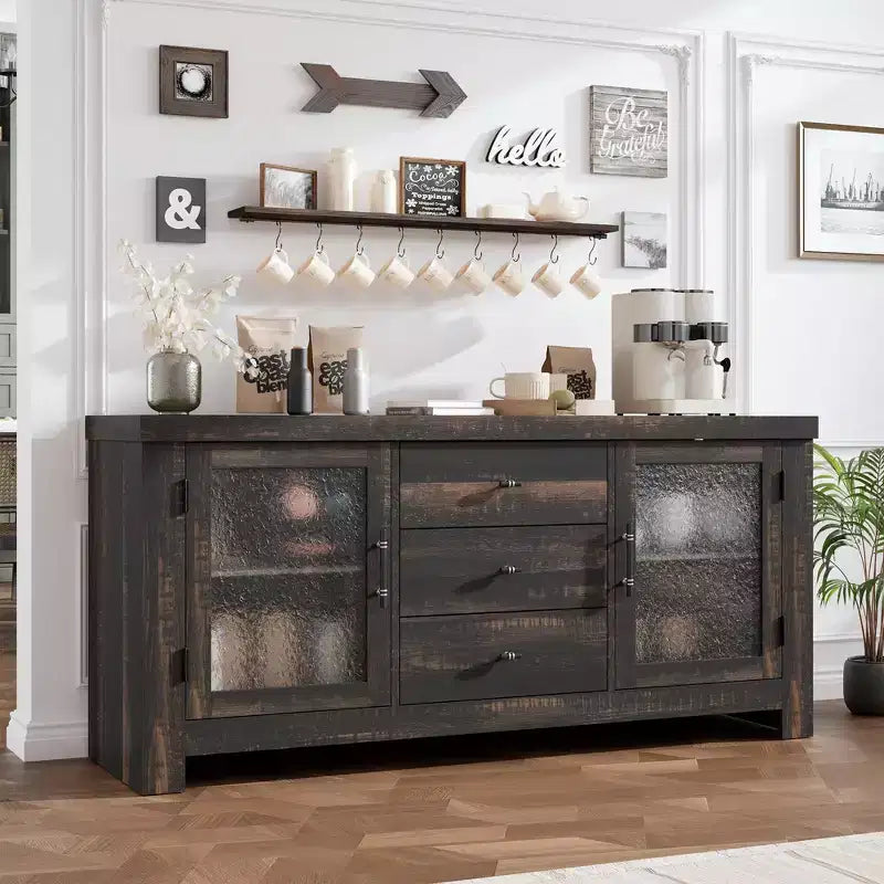 54-Inch Wood Buffet Sideboard with 2 Glass Doors and 3 Drawers