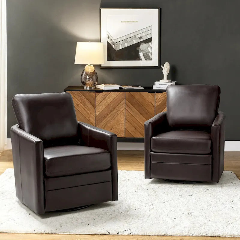 Terrance Transitional Swivel Faux Leather Barrel Chair with Metal Base Set of 2