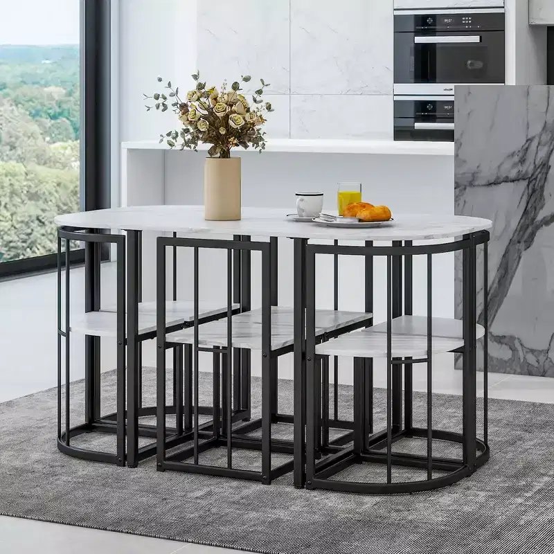 Modern 7-Piece Dining Table Set with Faux Marble Top and 6 Chairs 4N - ModernLuxe