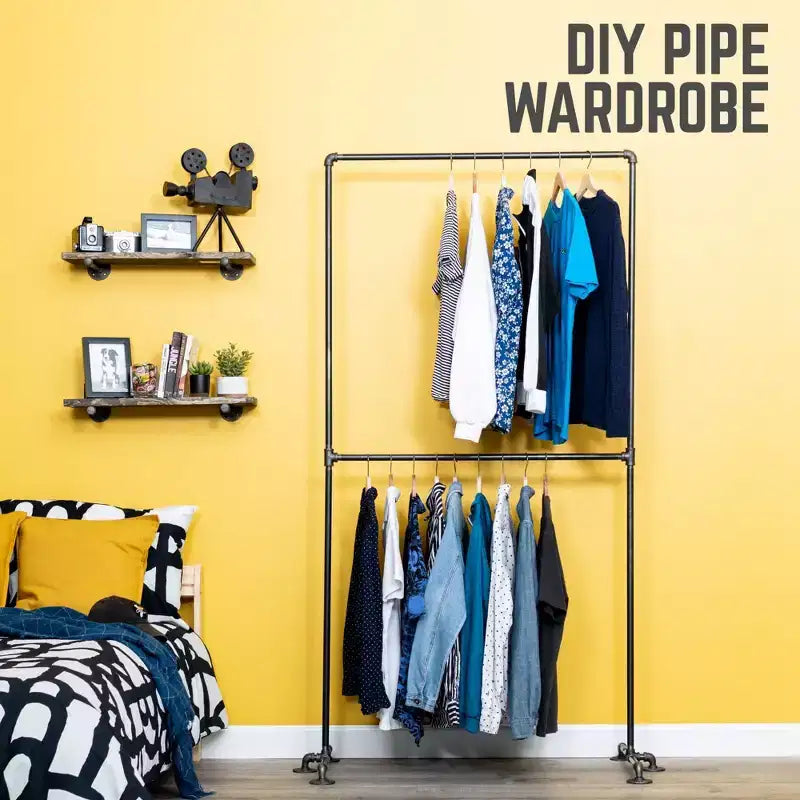 Freestanding Double-Hung Clothing Rack, Heavy-Duty Steel Pipe, Industrial Design, 38.5L x 78.5H