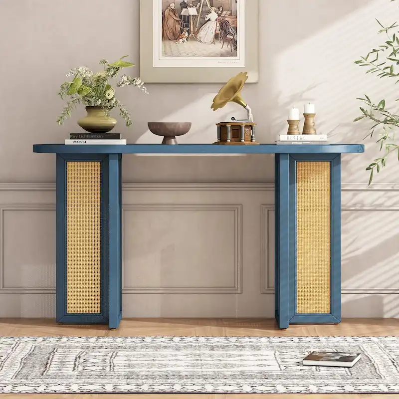 Oval Rattan Leg Console Table with Wood Top, Navy Blue