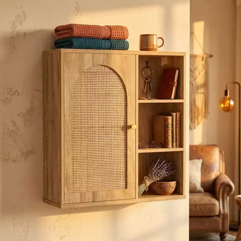 Boho Rattan Wall Cabinet with Arched Door and Open Shelf