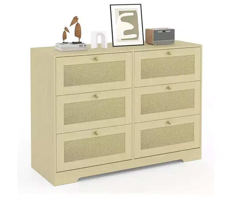 Rattan 6-Drawer Dresser  Modern Wooden Chest with Metal Handles & Solid Wood Legs. Versatile Storage for Bedroom, Living Room, Entryway (Natural)