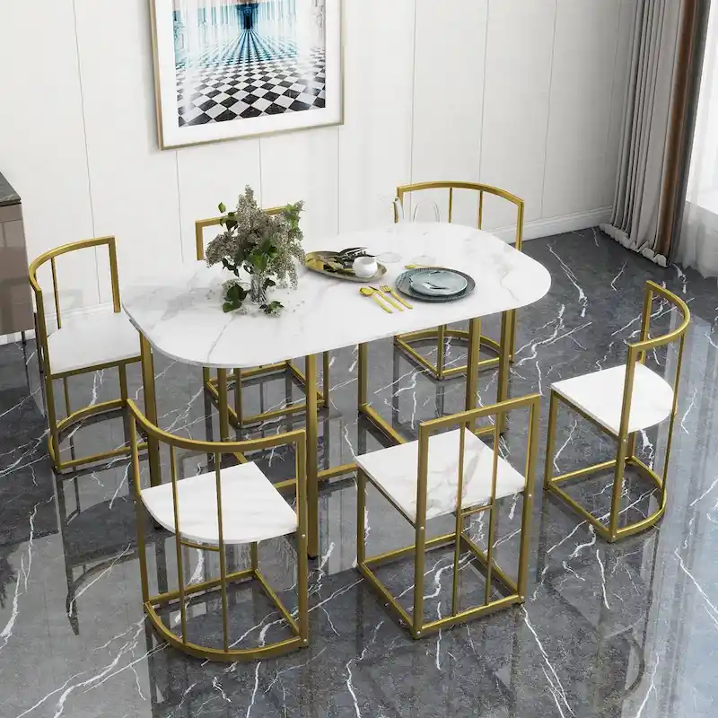 Golden+White 7-Piece Metal Frame Dining Table Set with Half-Round Table & 6 Chairs