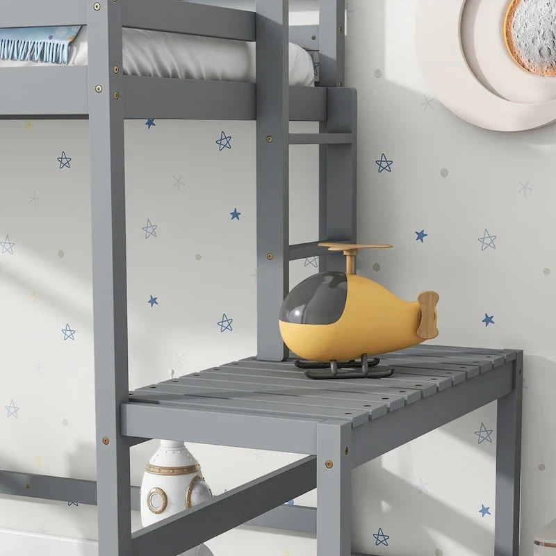 Gray Twin Size Pine High Loft Bed with Landing Platform and Two Ladders