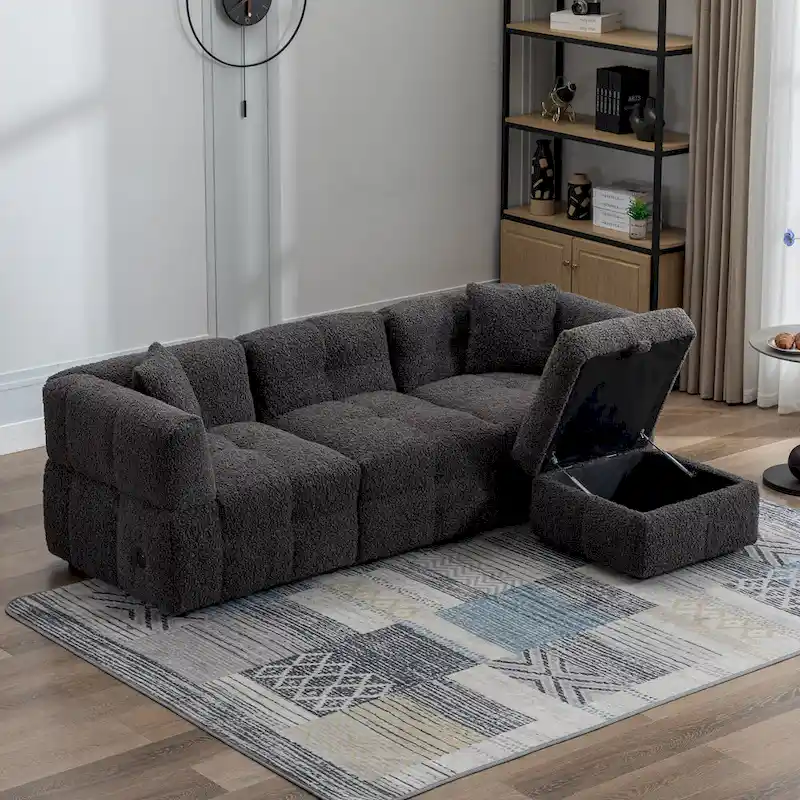 Sectional Sofa, L-Shape Couch with Movable Storage Ottoman 2 USB Ports and 2 Pillows Upholstered Tufted Couch for Living Room