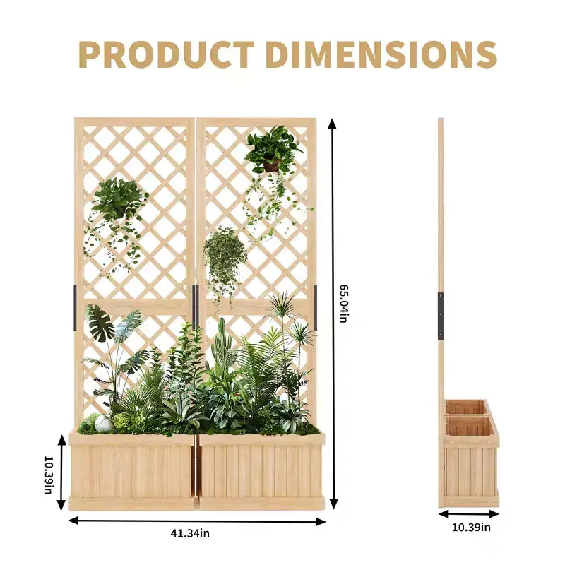 Tall wooden planter boxes with lattice panels, outdoor slanted lattice raised beds, wooden privacy screen garden beds suitable for climbing plants