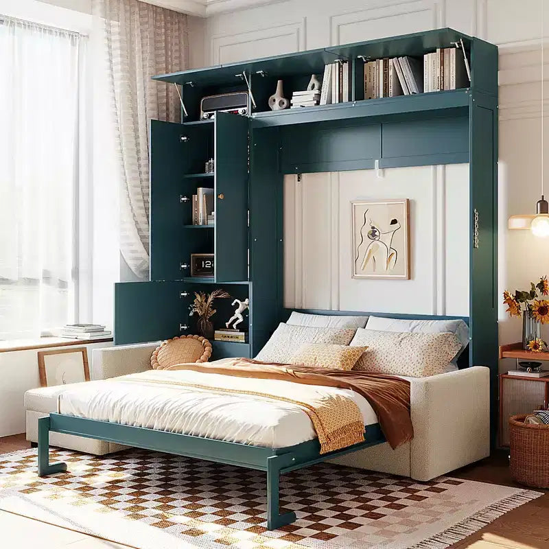 Queen Murphy Wall Bed with Beige Sofa and Shelves, Green Panel